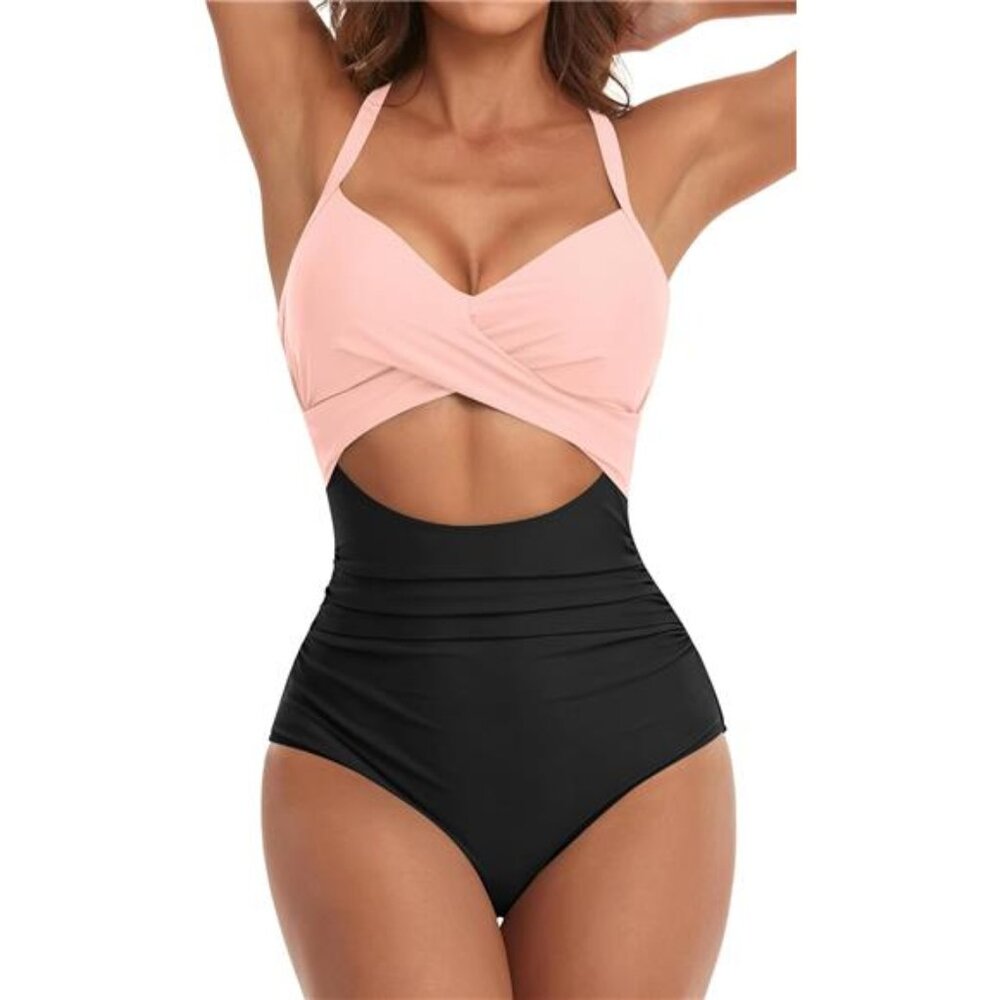 Women's One Piece Swimsuits Tummy Control Cutout High Waisted Bathing Black/Pink